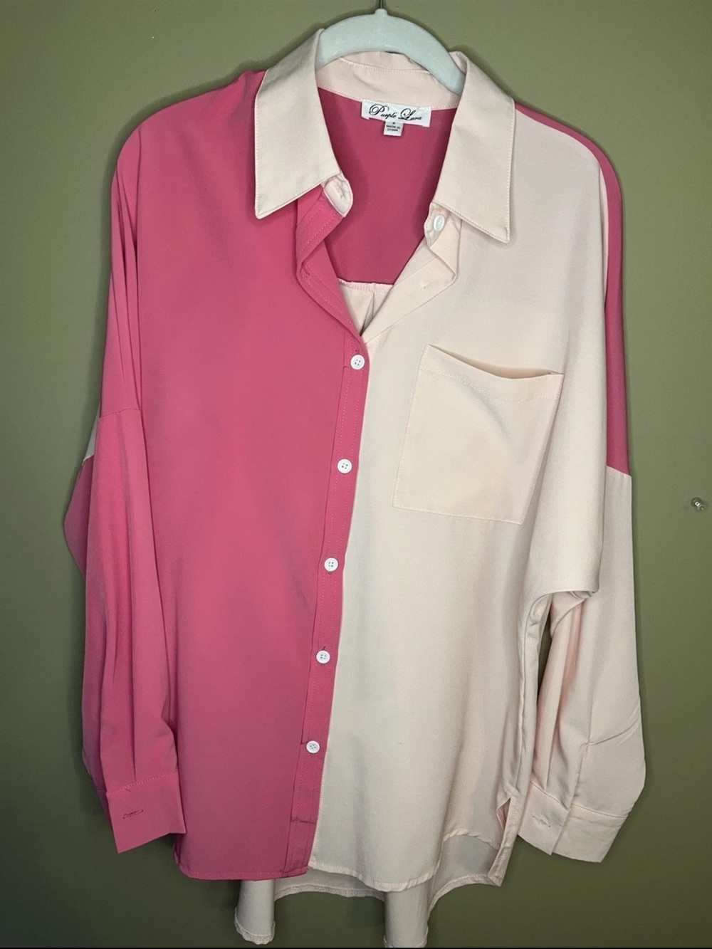 Purple Lava Colorblock Button Down Blouse Shirt Pink Two-Tone Split Panel Small
